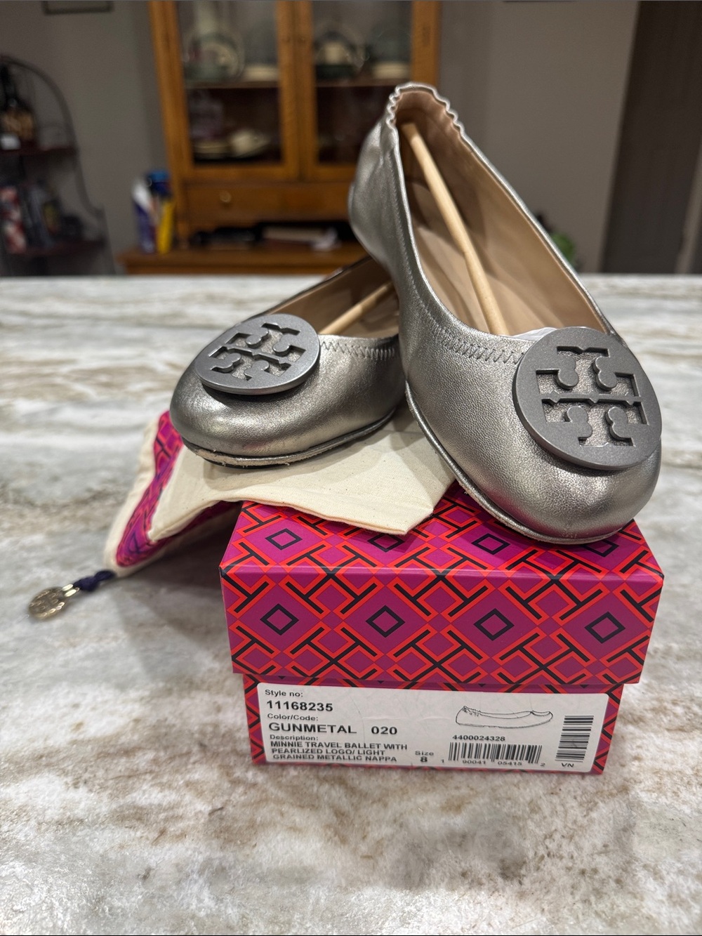 Tory Burch Metallic Gunmetal Logo Ballet Flats